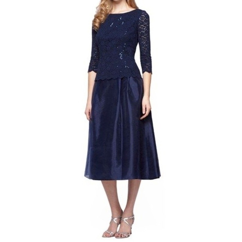 Alex Evenings Navy Blue Sequin Lace Organza Tea Length Midi Dress Sz 6 NWT Event